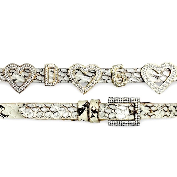 Dolce & Gabbana NWOT Vtg Y2K Phyton Snake Rhinestone Heart LOVE DG Skinny Belt - Picture 3 of 16